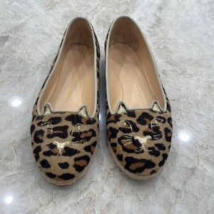 Charlotte Olympia Beige/Brown Leopard Print Calf Hair Espadrille Flats Size 36